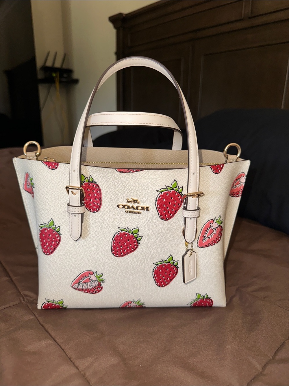COACH  Mollie tote 25 Cream Leather Satchel with Red Strawberry Print